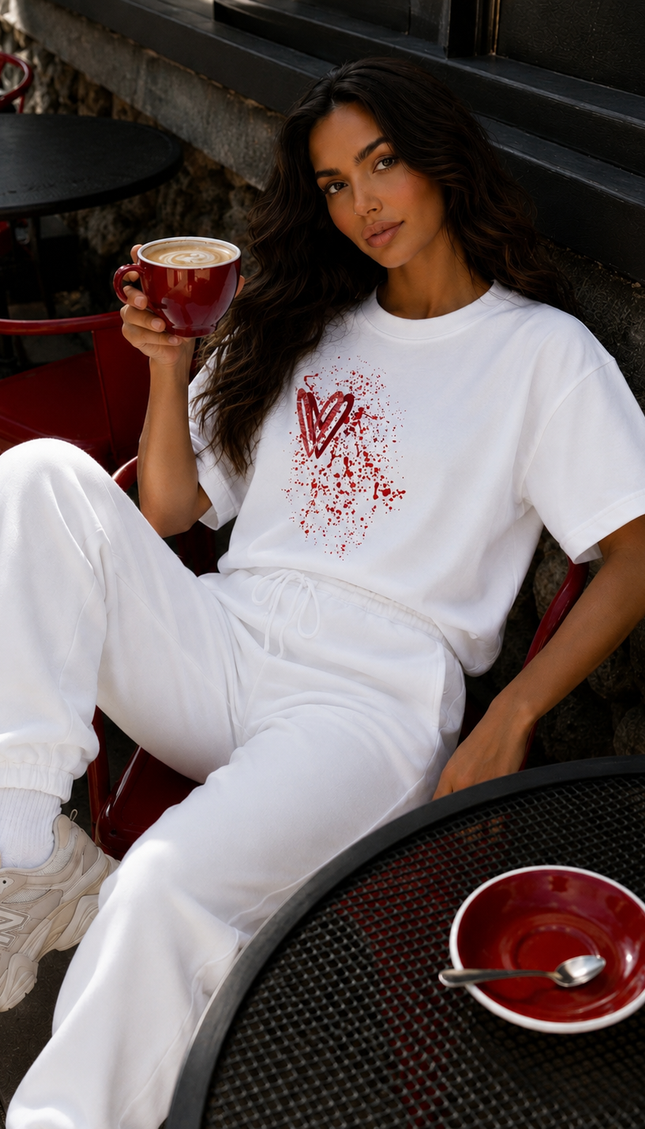 Red Paisley graffiti heart T-shirt with spray paint effect print – women's T-shirt by Miss Runway