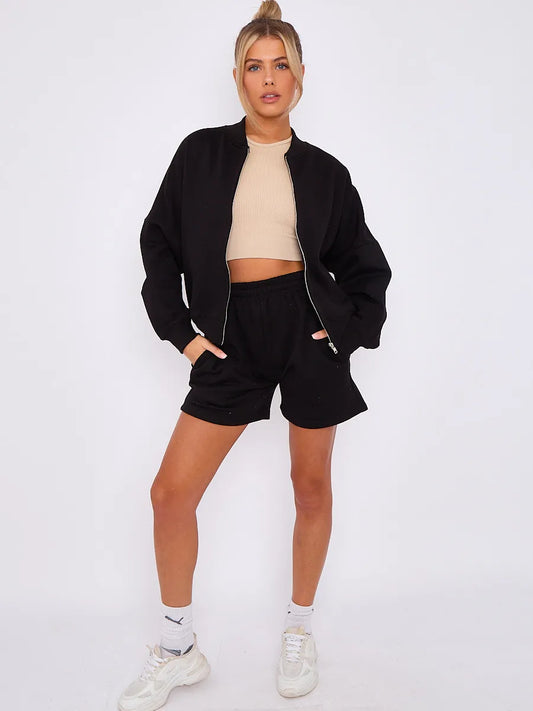 Oversized Bomber Style Fleece Zipper & Shorts Co-ord Black