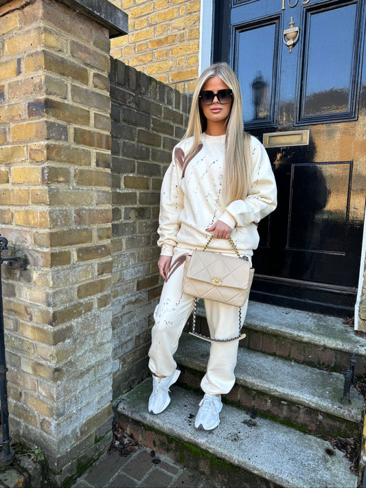 Brown Heart Cream Sweatshirt Tracksuit