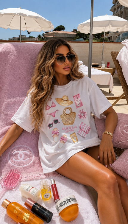 Beach Bag Essentials T-shirt – adult printed t-shirt by Miss Runway