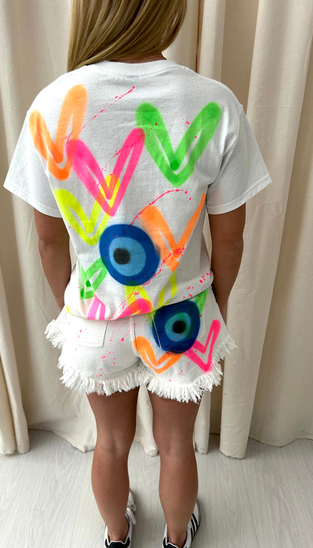 Neon Heart Evil Eye Spray Painted Denim Shorts And T Shirt