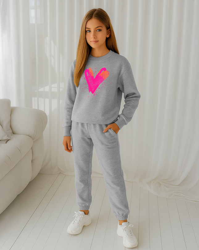 Neon Pink/Orange Scatter Hearts Printed Sweatshirt Tracksuit Kids