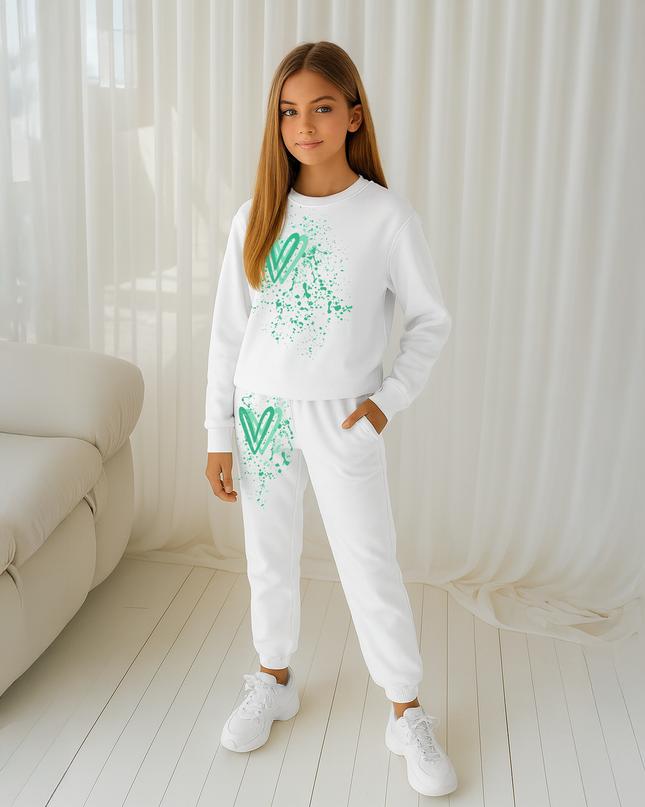 Green Hearts Printed Sweatshirt Tracksuit Kids