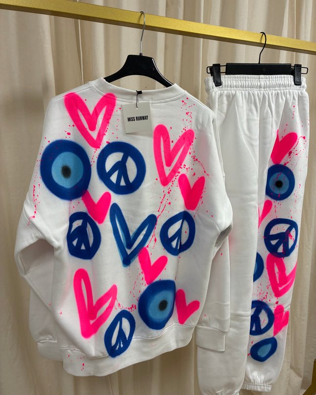 Neon Pink Heart, Peace, Evil Eye Spray Painted Sweatshirt Tracksuit Adult