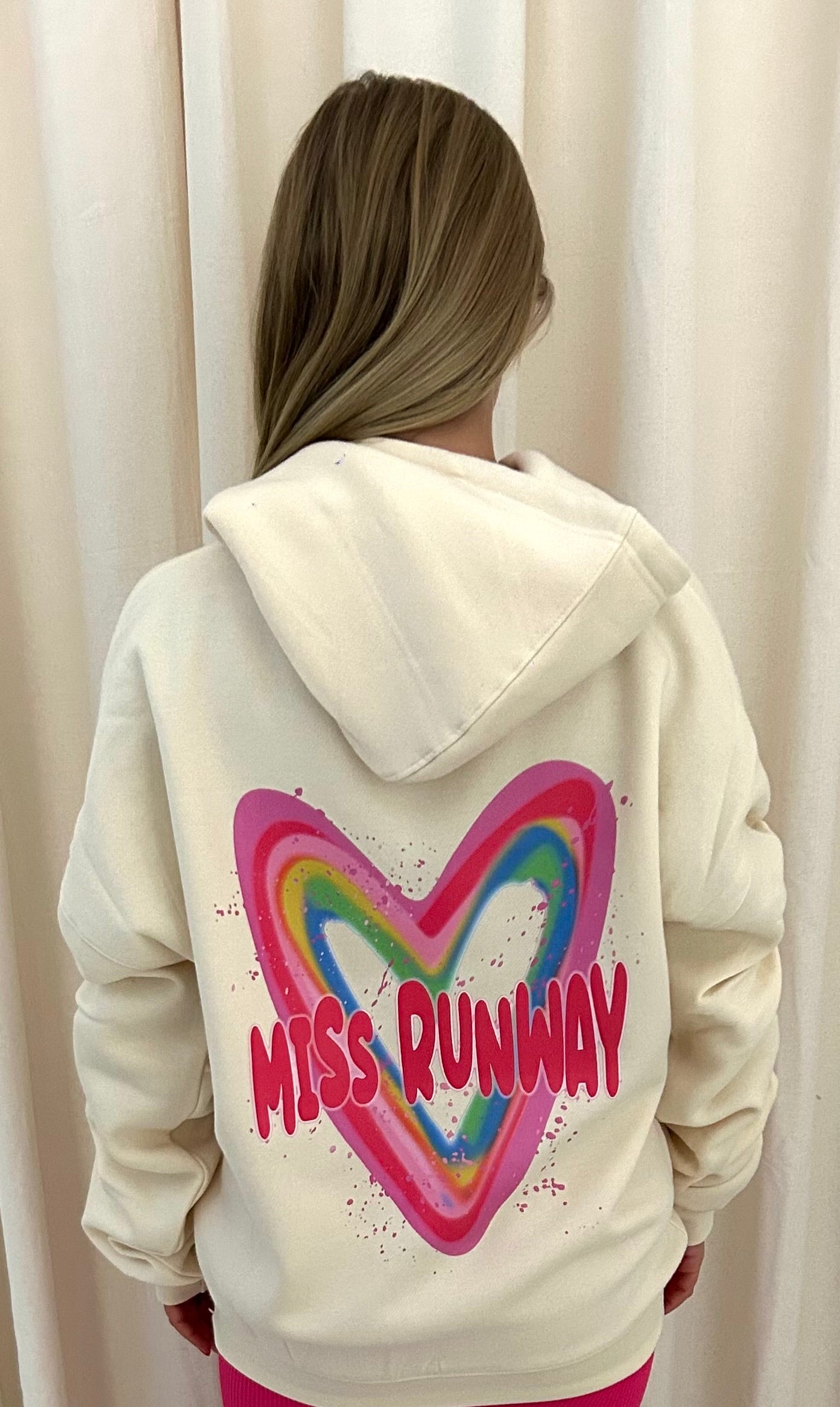 Miss Runway Multicolour Heart Graffiti Ruched Hoodie Cream