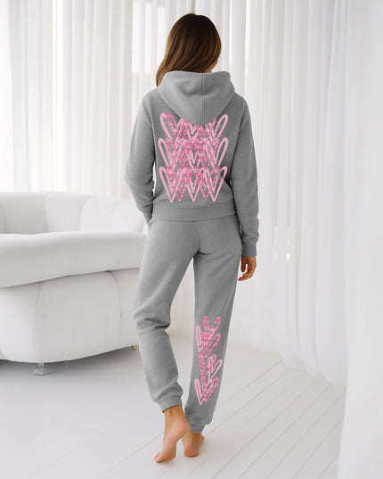 Pink Zig Zag Hearts Printed Hooded Tracksuit Adult