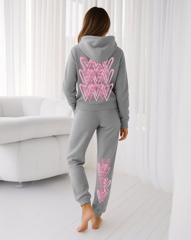 Pink Zig Zag Hearts Printed Hooded Tracksuit Adult