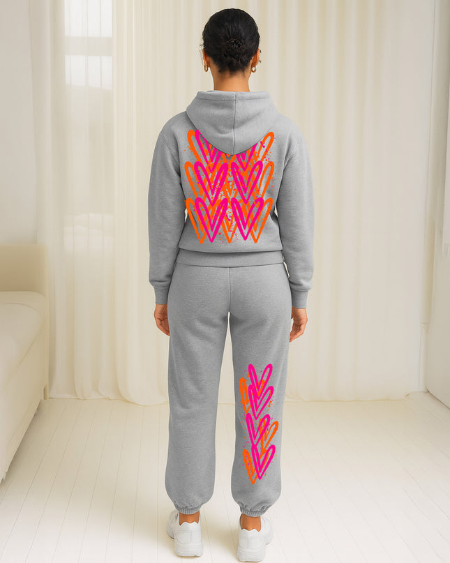 Neon Pink & Orange Hearts Printed Hooded Tracksuit Adult