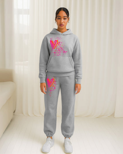 Neon Pink & Orange Hearts Printed Hooded Tracksuit Adult