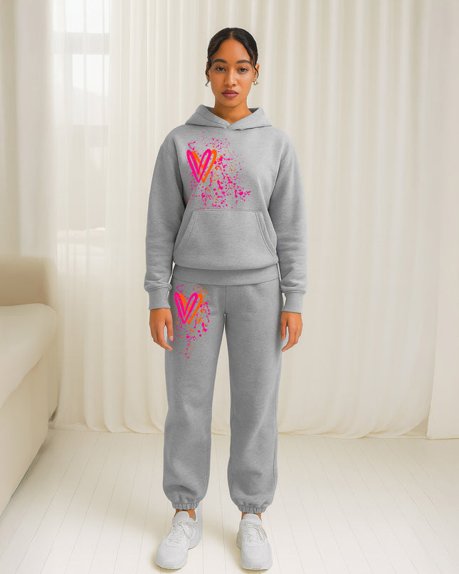 Neon Pink & Orange Hearts Printed Hooded Tracksuit Adult