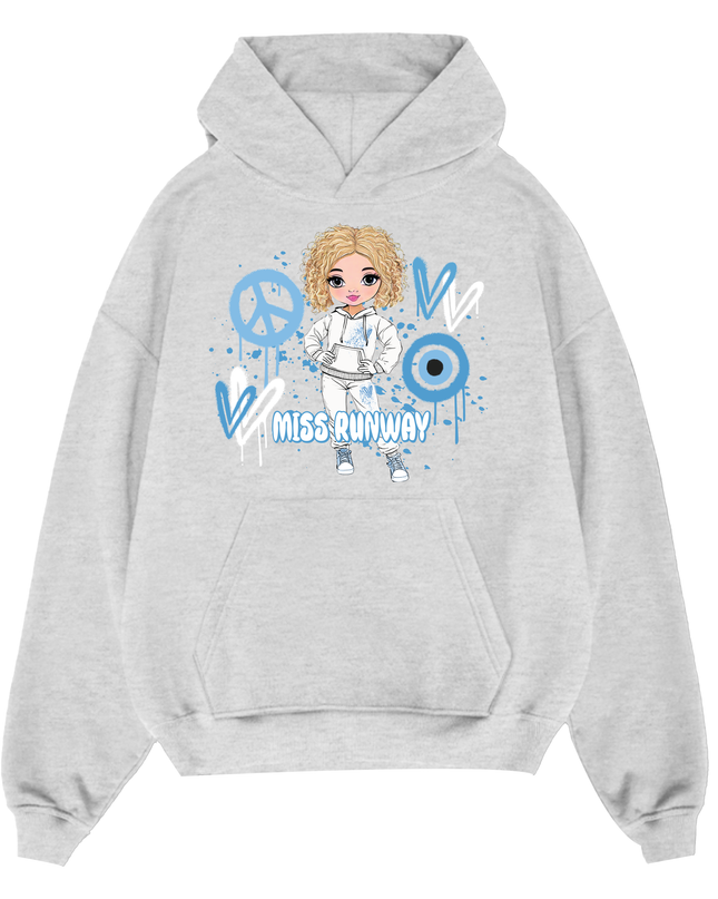 Miss Runway Doll Hoodie Blue Heart Design