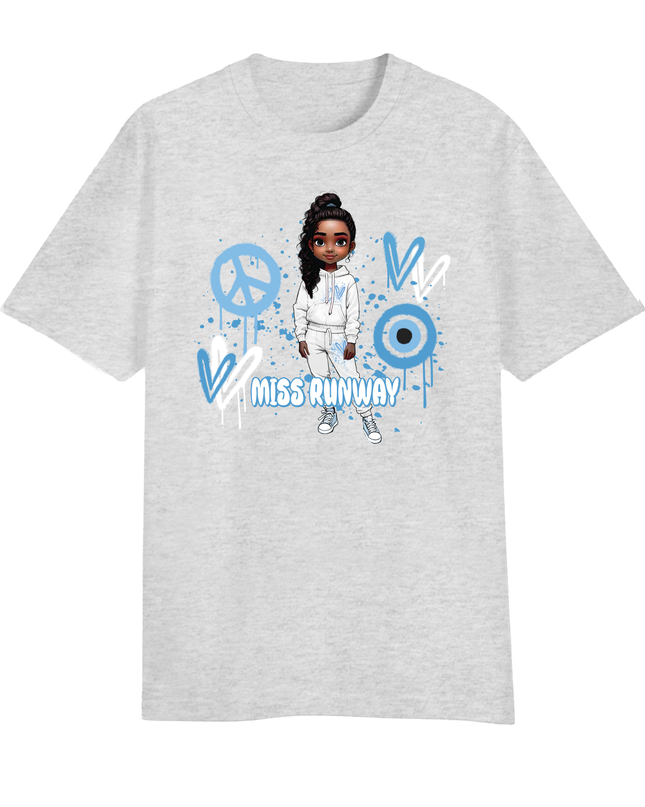 Miss Runway Doll T-Shirt Blue Heart Design