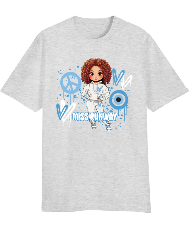 Miss Runway Doll T-Shirt Blue Heart Design