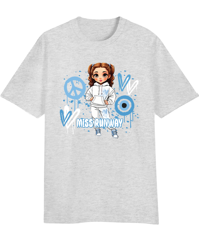 Miss Runway Doll T-Shirt Blue Heart Design