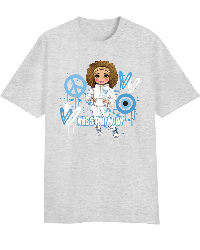 Miss Runway Doll T-Shirt Blue Heart Design