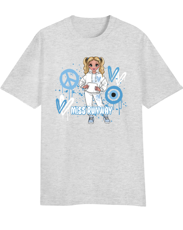 Miss Runway Doll T-Shirt Blue Heart Design