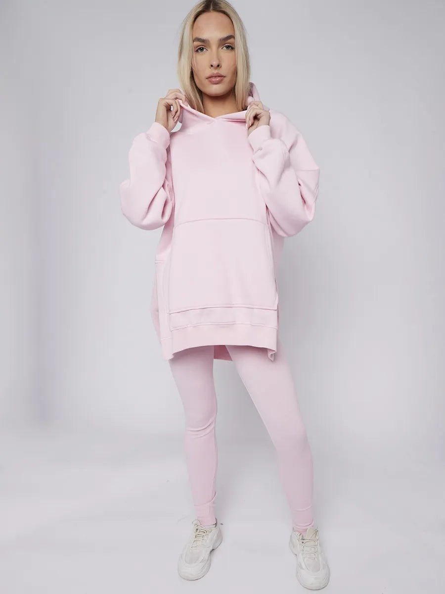 Pink Oversized Split Sides Hoodie & Ribbed Leggings Co-ord – Miss Runway