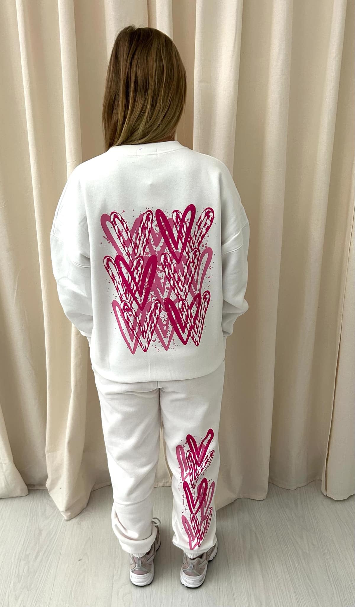 Hot Pink Candy Cane Heart Graffiti Hooded Sweatshirt Tracksuit White