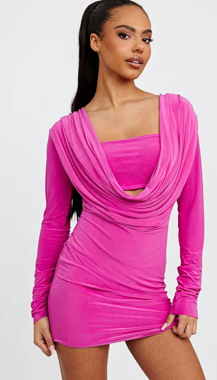Fuchsia Draped Cowl Neck Slinky Dress