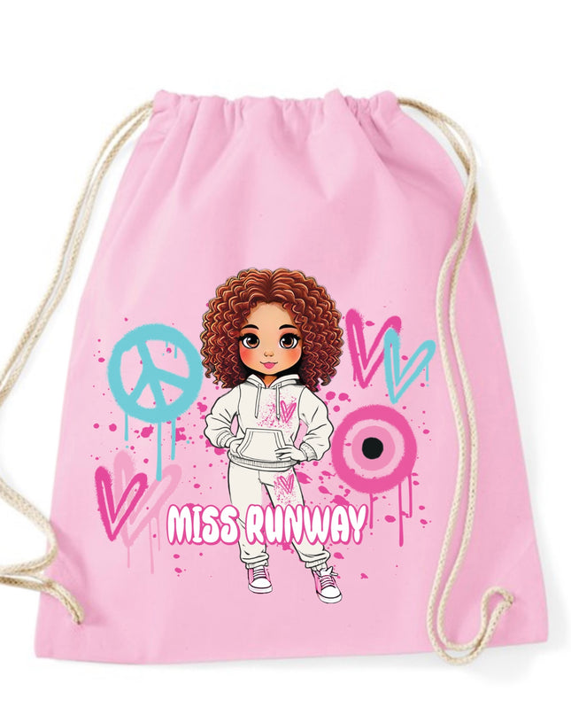 Miss Runway Doll Pink/Green Heart Design Drawstring Bag