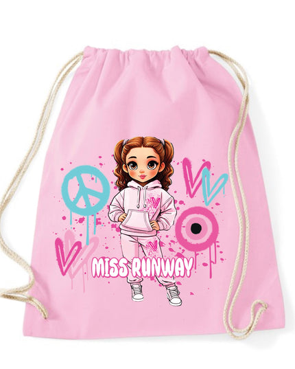Miss Runway Doll Pink/Green Heart Design Drawstring Bag