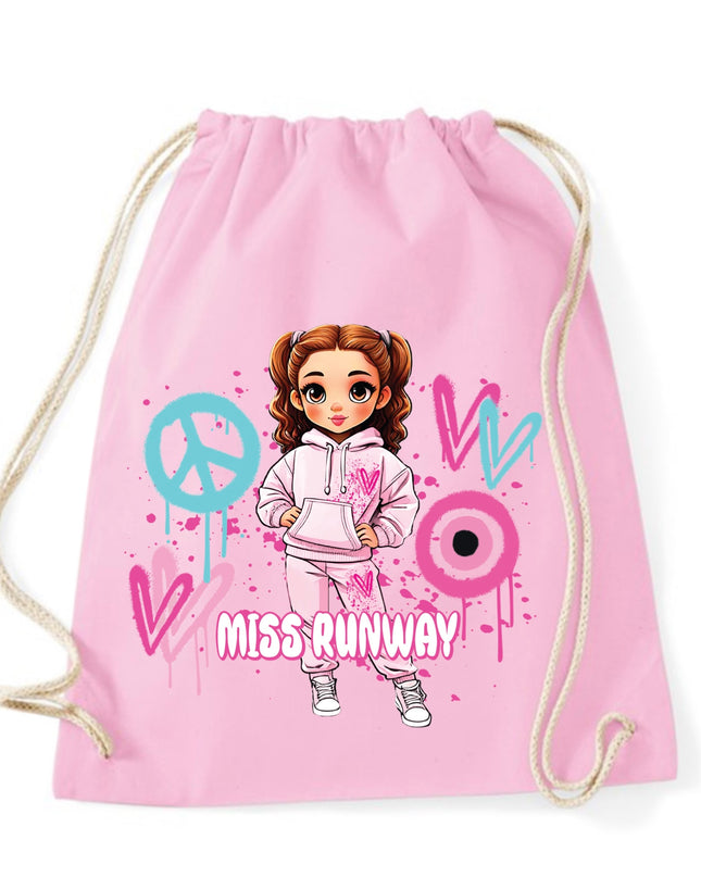 Miss Runway Doll Pink/Green Heart Design Drawstring Bag