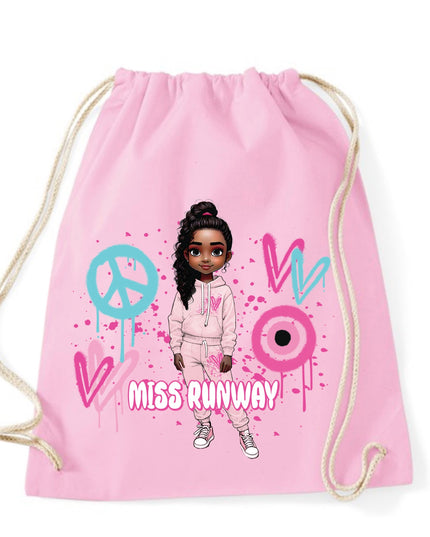 Miss Runway Doll Pink/Green Heart Design Drawstring Bag
