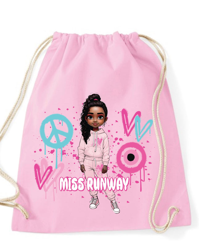 Miss Runway Doll Pink/Green Heart Design Drawstring Bag