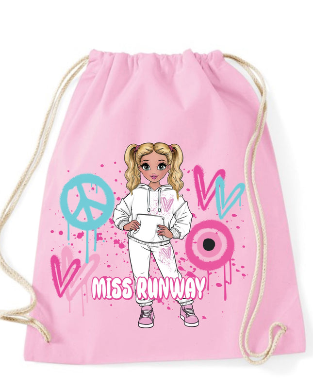 Miss Runway Doll Pink/Green Heart Design Drawstring Bag