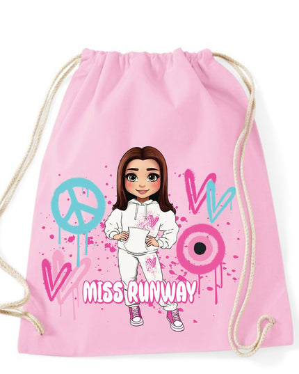 Miss Runway Doll Pink/Green Heart Design Drawstring Bag