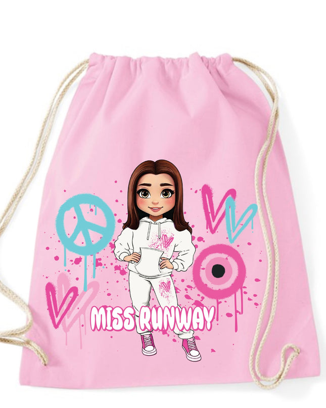 Miss Runway Doll Pink/Green Heart Design Drawstring Bag