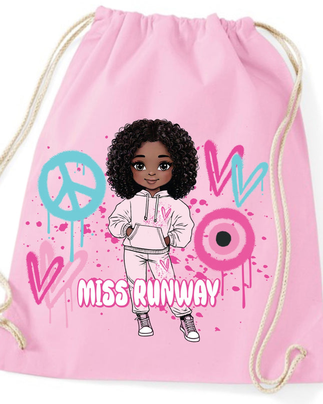 Miss Runway Doll Pink/Green Heart Design Drawstring Bag