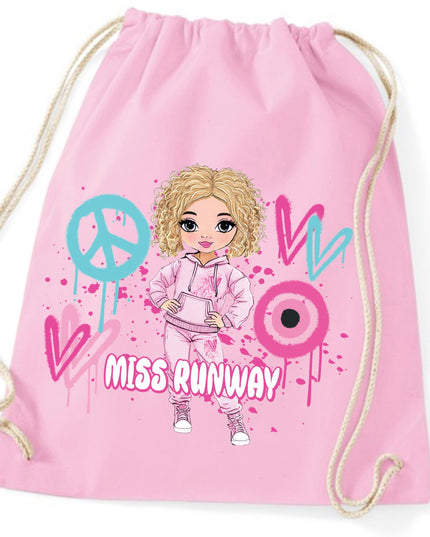 Miss Runway Doll Pink/Green Heart Design Drawstring Bag