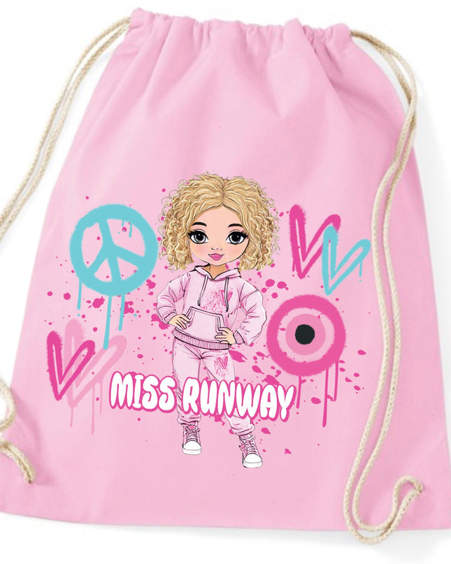 Miss Runway Doll Pink/Green Heart Design Drawstring Bag