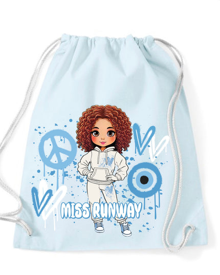 Miss Runway Doll Blue Heart Design Drawstring Bag