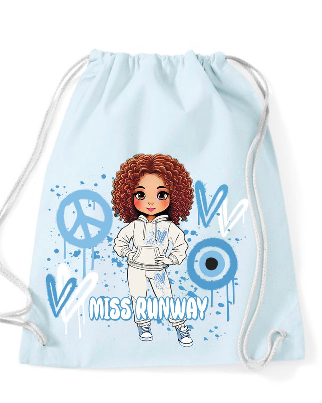 Miss Runway Doll Blue Heart Design Drawstring Bag
