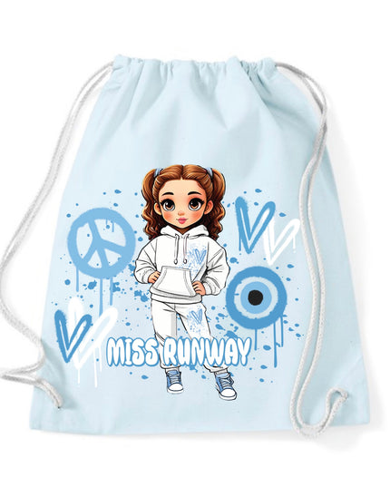 Miss Runway Doll Blue Heart Design Drawstring Bag