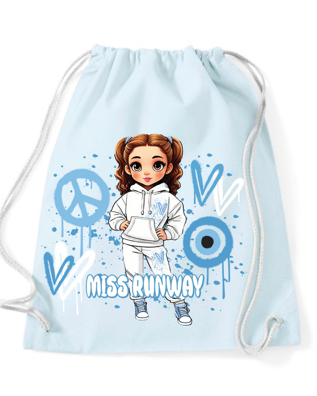 Miss Runway Doll Blue Heart Design Drawstring Bag