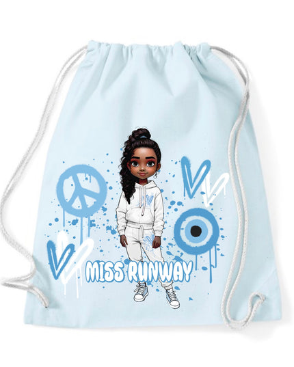 Miss Runway Doll Blue Heart Design Drawstring Bag