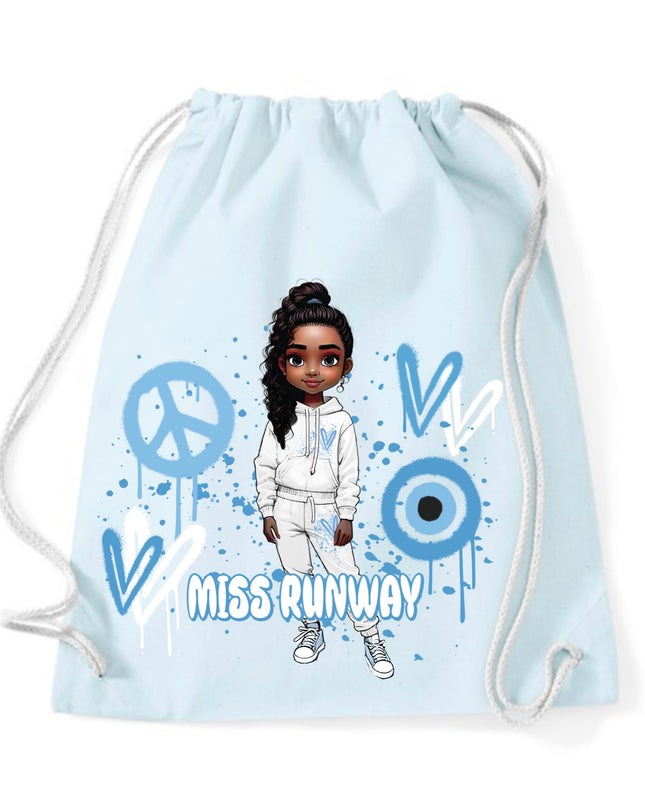Miss Runway Doll Blue Heart Design Drawstring Bag