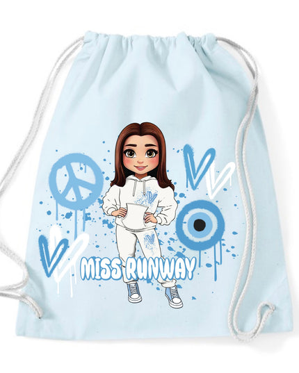 Miss Runway Doll Blue Heart Design Drawstring Bag