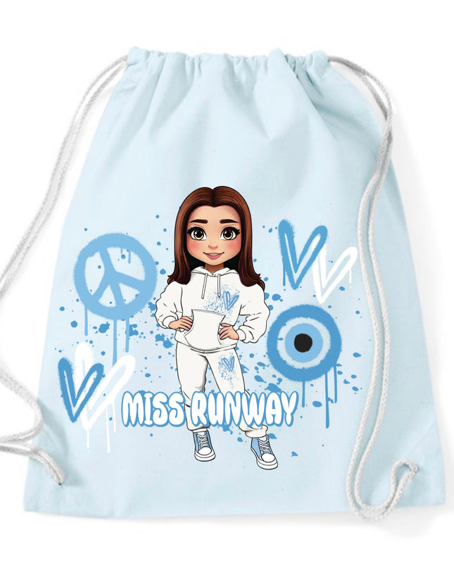 Miss Runway Doll Blue Heart Design Drawstring Bag