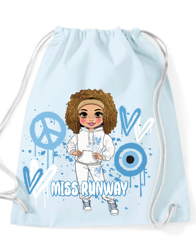 Miss Runway Doll Blue Heart Design Drawstring Bag