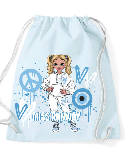 Miss Runway Doll Blue Heart Design Drawstring Bag
