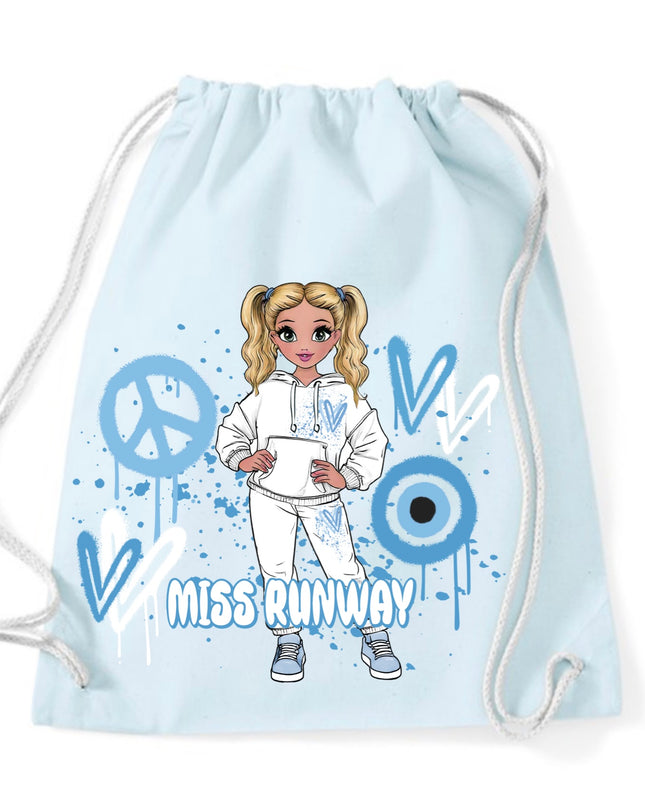 Miss Runway Doll Blue Heart Design Drawstring Bag