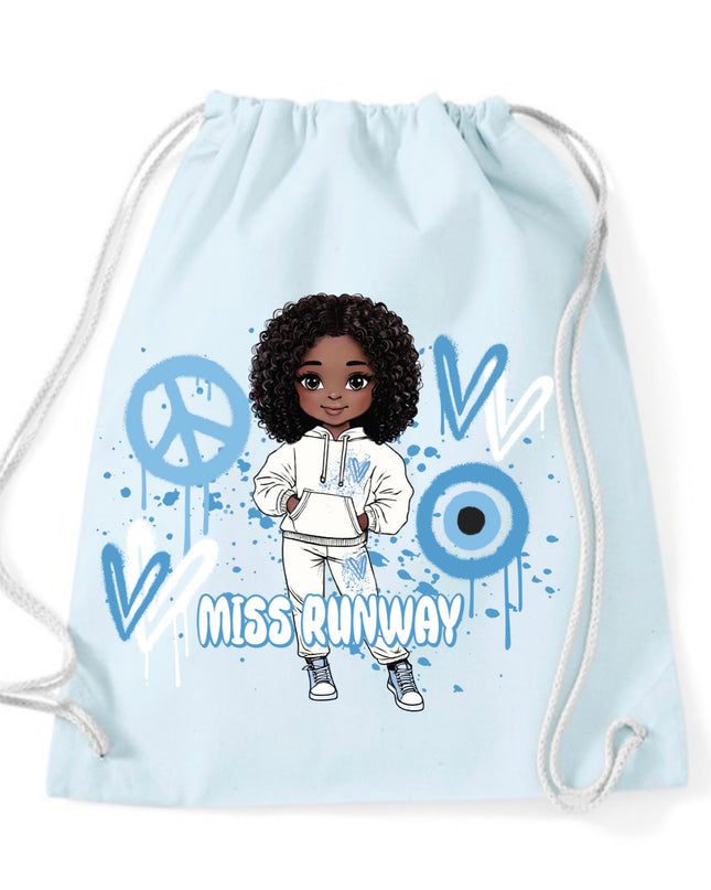 Miss Runway Doll Blue Heart Design Drawstring Bag