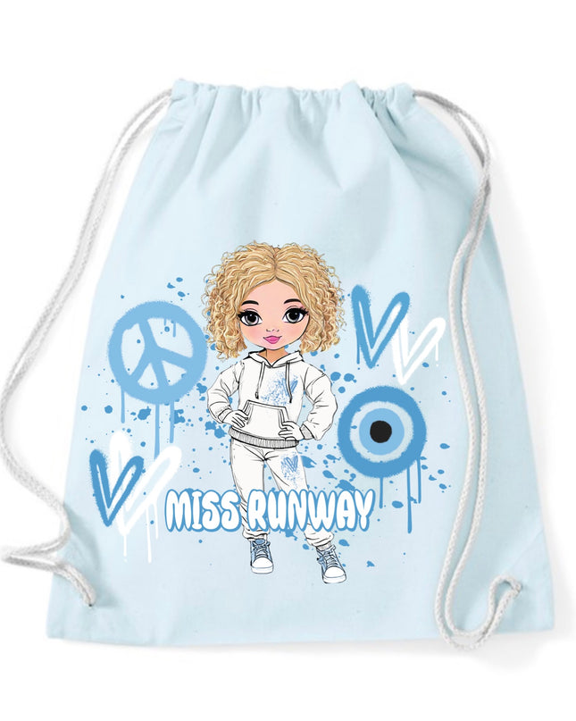 Miss Runway Doll Blue Heart Design Drawstring Bag