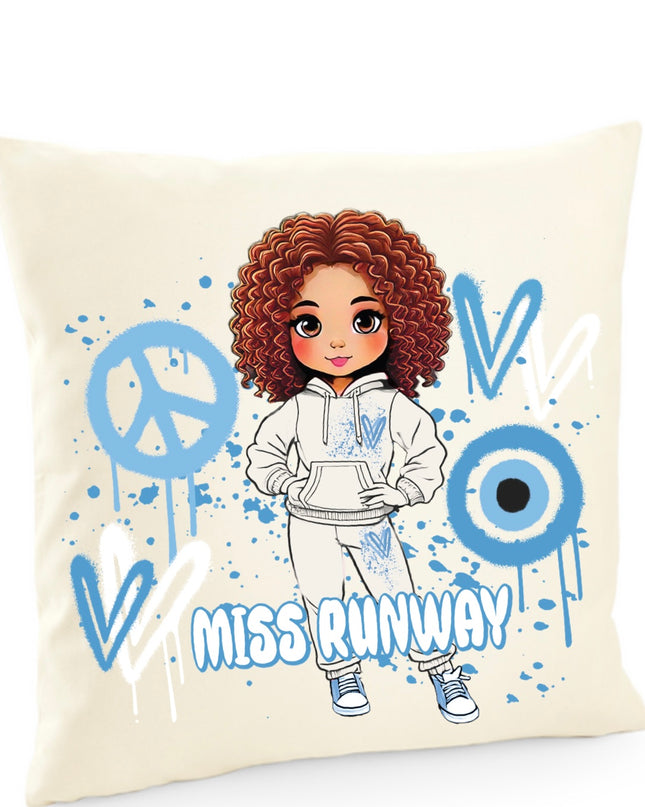 Miss Runway Doll Blue Heart Design Cushion