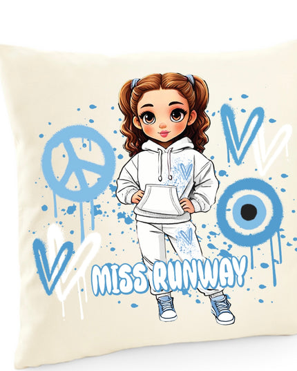Miss Runway Doll Blue Heart Design Cushion