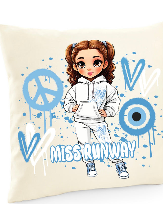 Miss Runway Doll Blue Heart Design Cushion